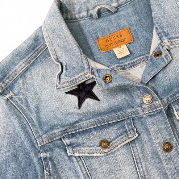 GUESS Cropped Frayed Denim Jacket S USA Cactus Patches‎ Boho Festival 90sRevival - Picture 5 of 13